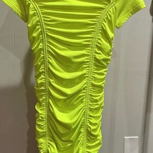 Neon Green, bodycon, fitted, Ruched Zip Up Dress